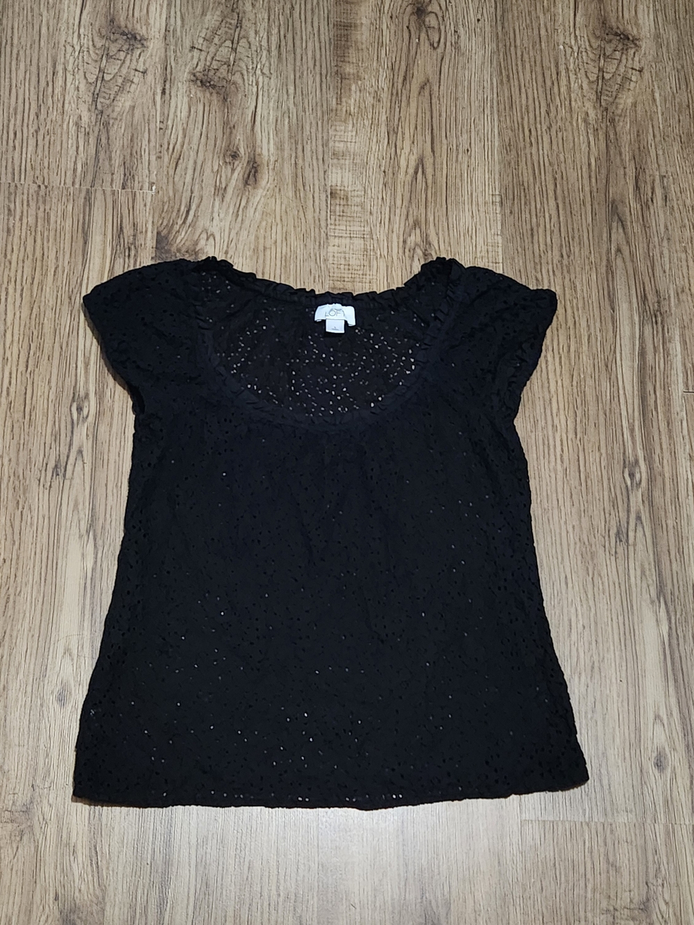 LOFT Black Eyelet Scoop Neck Flutter Sleeve Top